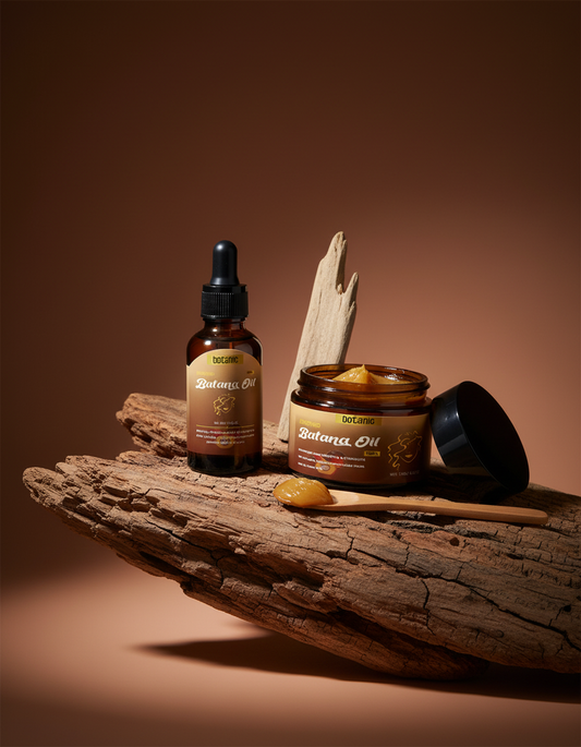 Bottle and jar of Botana Oil on a wooden surface with a brown background