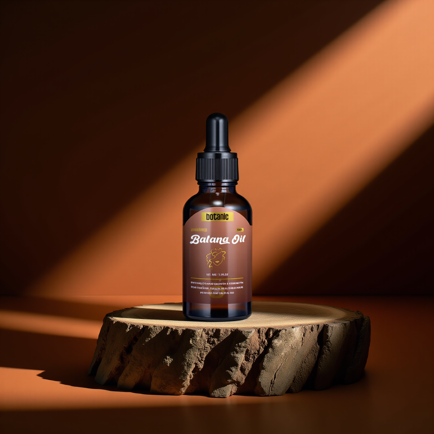 Bottle of Botanic Batana Oil on a wooden platform with a warm brown background