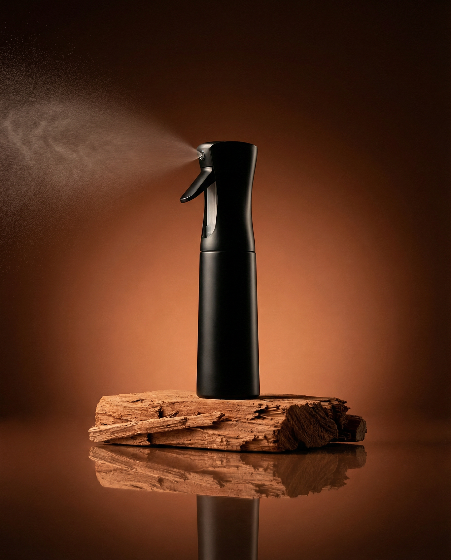 Black spray bottle on a wooden stand with a brown gradient background