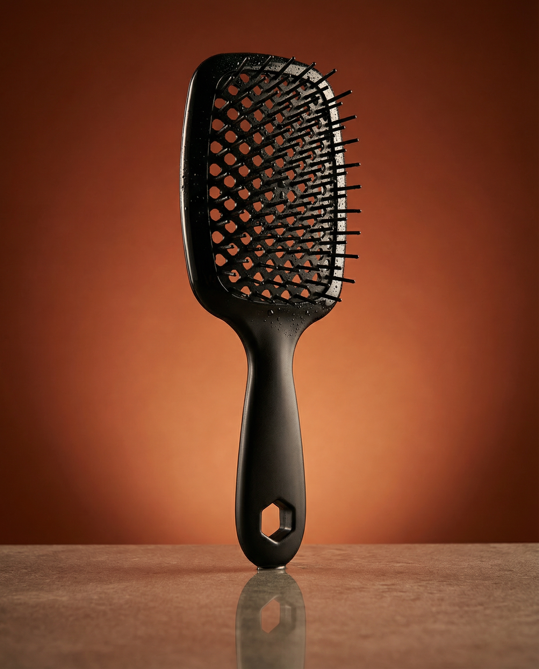 Black hairbrush on a reflective surface with a brown background