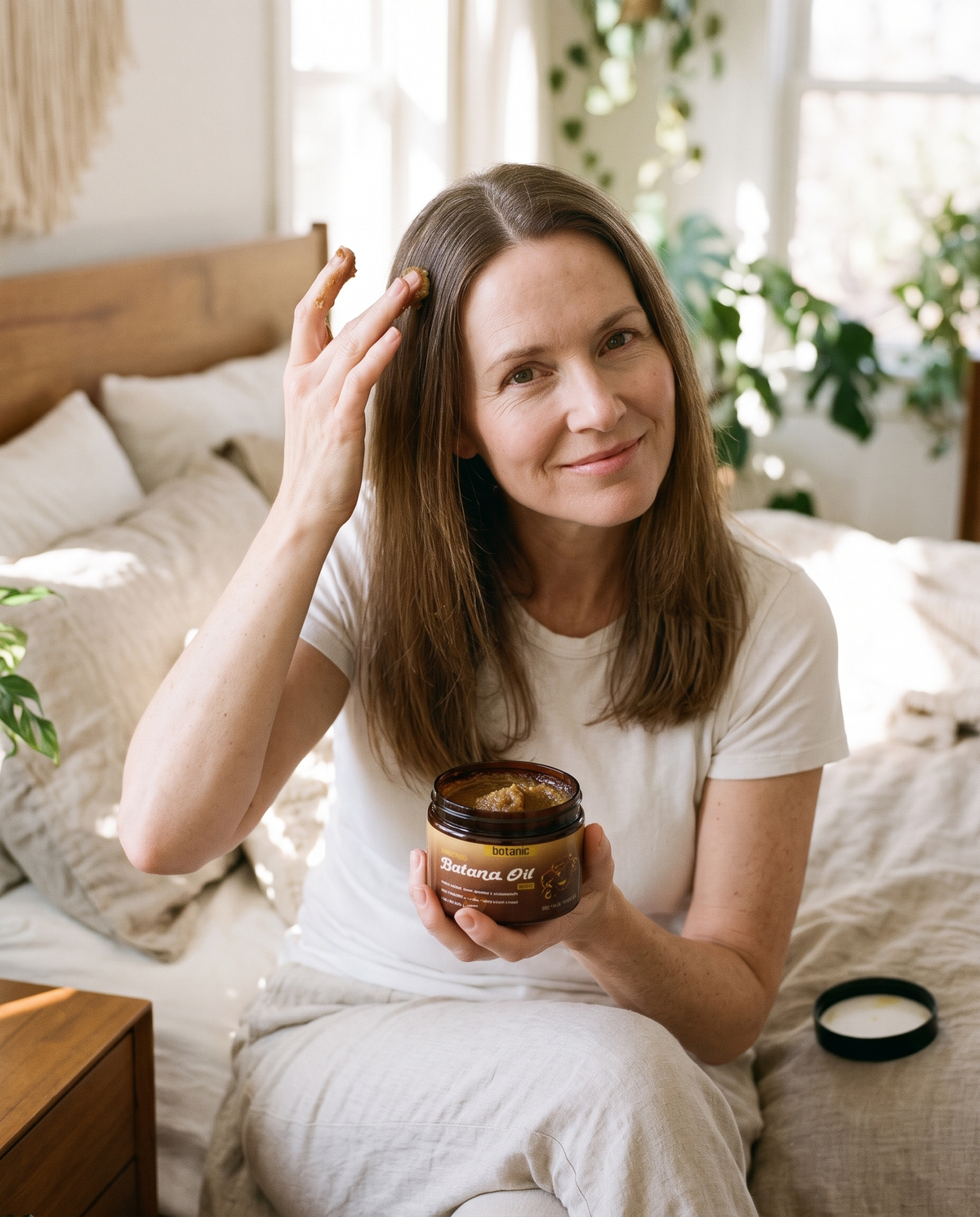 Woman applying batana oil along her part