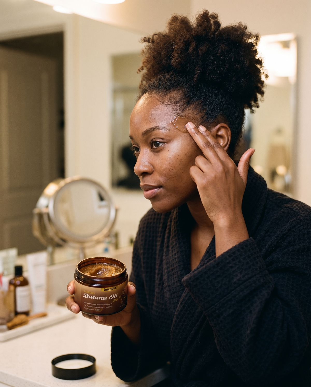 Woman massaging batana oil into her edges