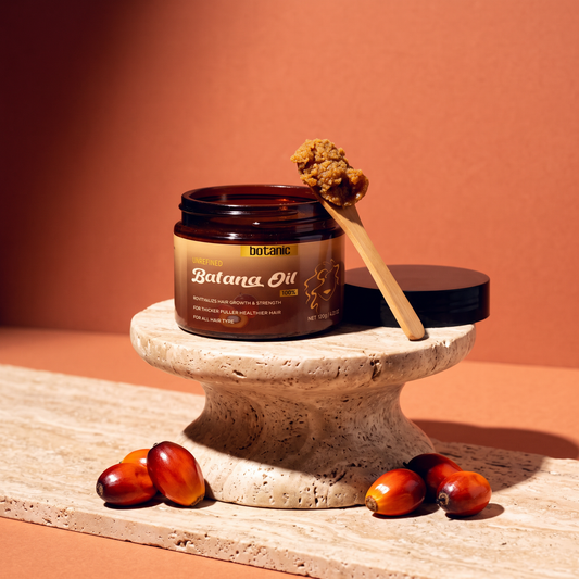 Botanic Batana Oil jar on a travertine pedestal with batana palm fruit