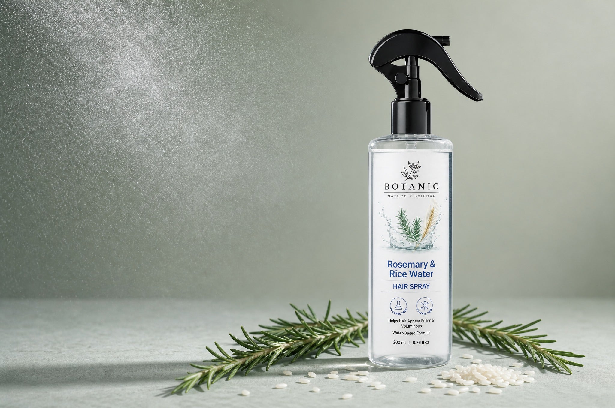 Botanic Rosemary & Rice Water Hair Spray with fresh rosemary and rice