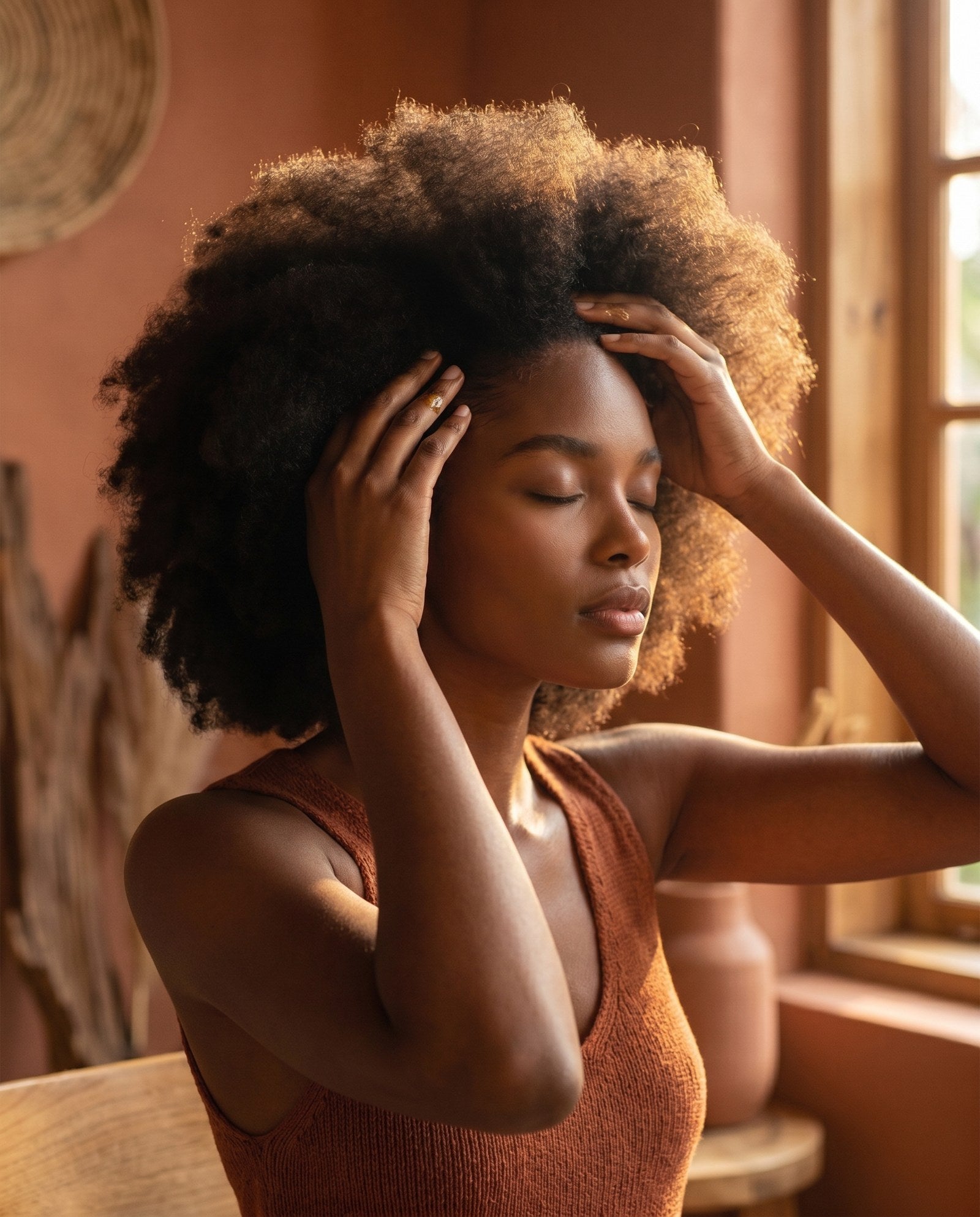 A woman running her fingers through her hair in soft morning light